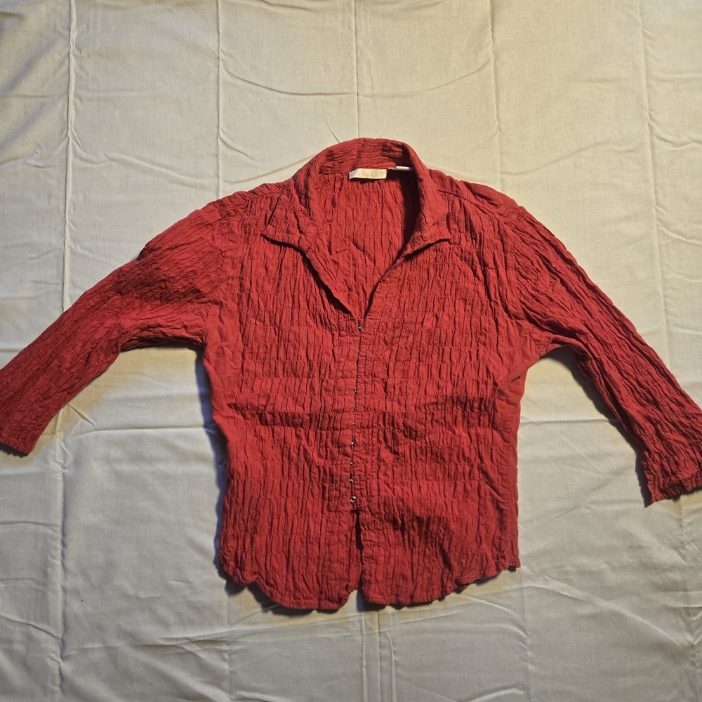 Andrew & Co Bright Red Hook & Eye Polo Top Ruffled Textured Y2K 3/4 Sleeve M